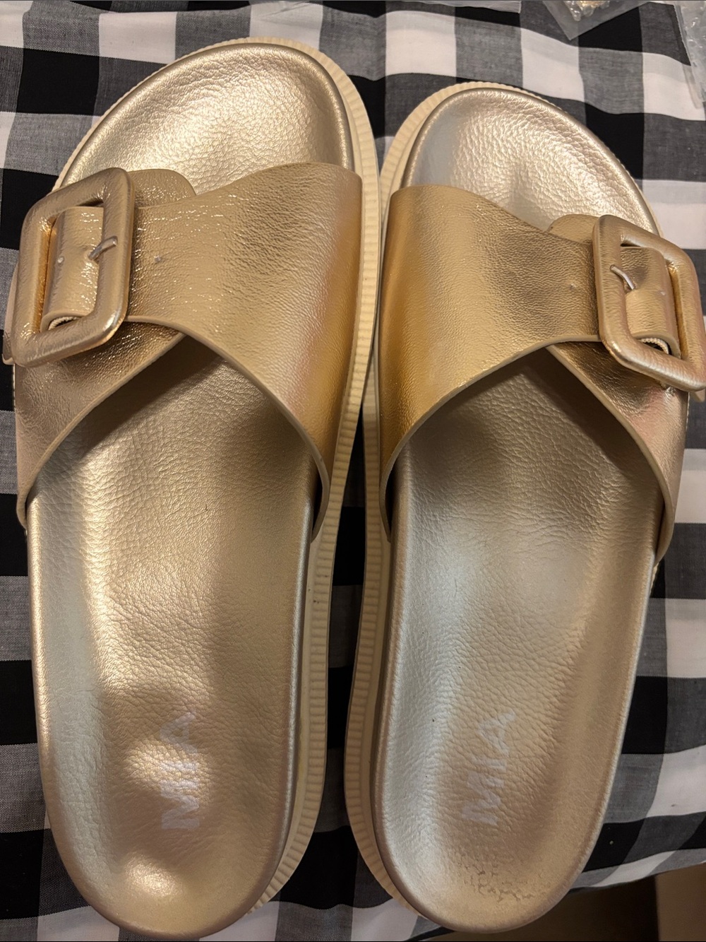 MIA Metallic Gold Buckle Slide Sandals